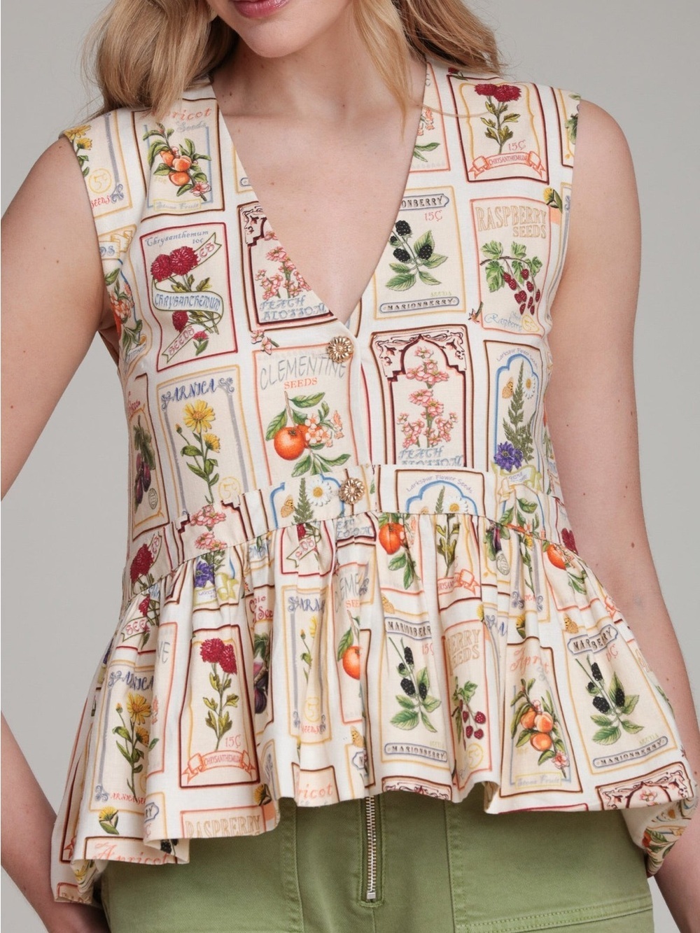 Avec Les Filles Linen Blend Fruit Floral Print Peplum Top